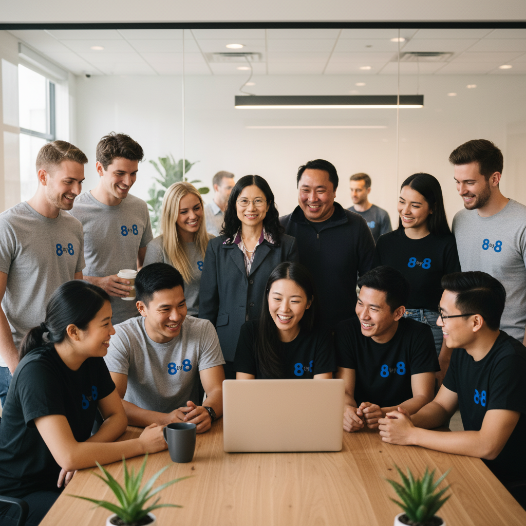 The founder team of 8 by 8 — young technologists wearing t-shirts with the 8 by 8 logo.