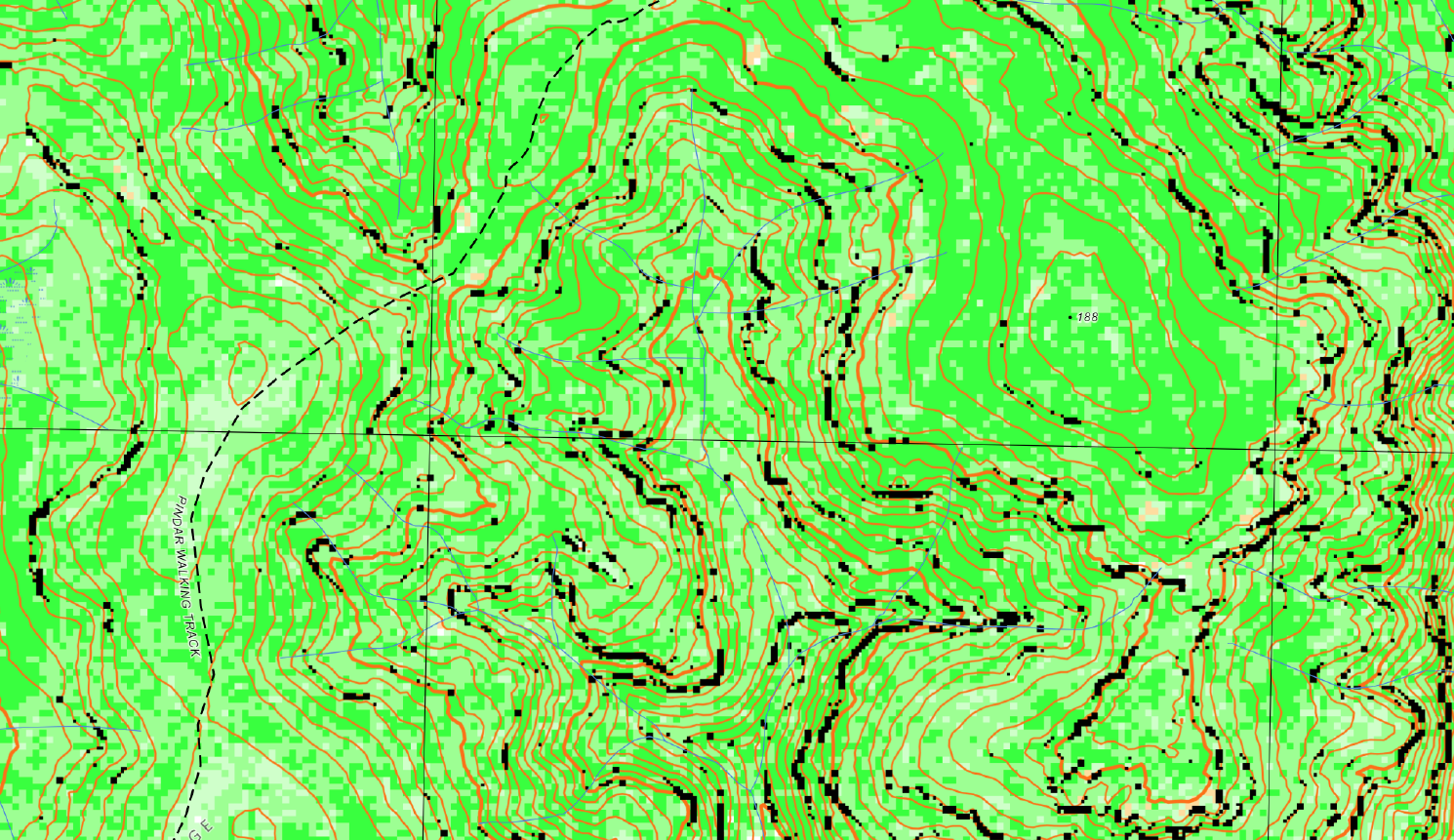 LiDAR vegetation-and-contour sheet: spot height 188 on a hill, with a gorge to its west and the Pindar Walking Track further west