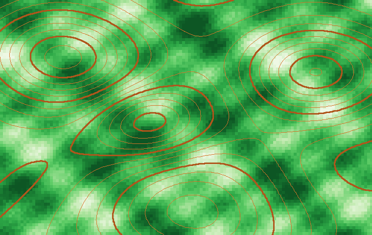 Synthetic topographic map — vegetation density shown in greens with orange contour lines — as a backdrop for cell-tower triangulation
